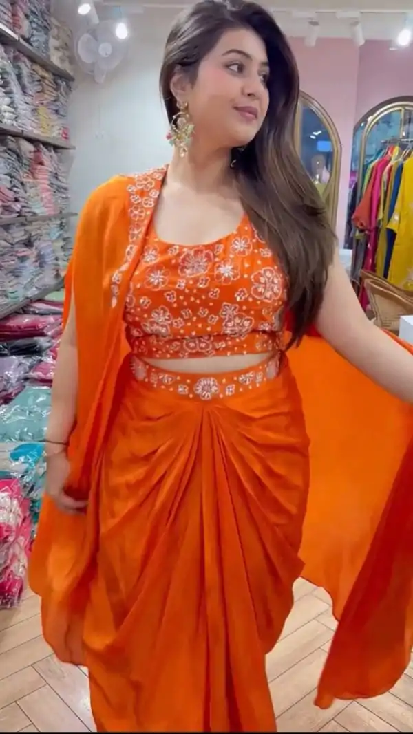 Orange Satin Silk Thread With Sequence Dhoti Suit - Image 5