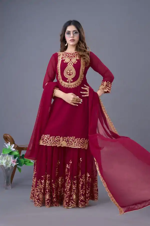 Red Faux Georgette Embroidery Sequence Work Salwar Suit - Image 2