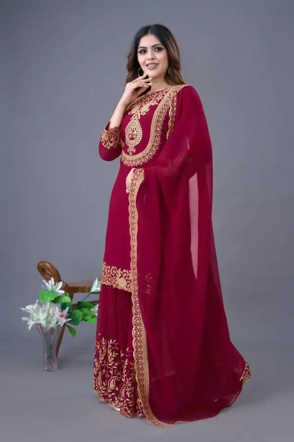 Red Faux Georgette Embroidery Sequence Work Salwar Suit - Image 3