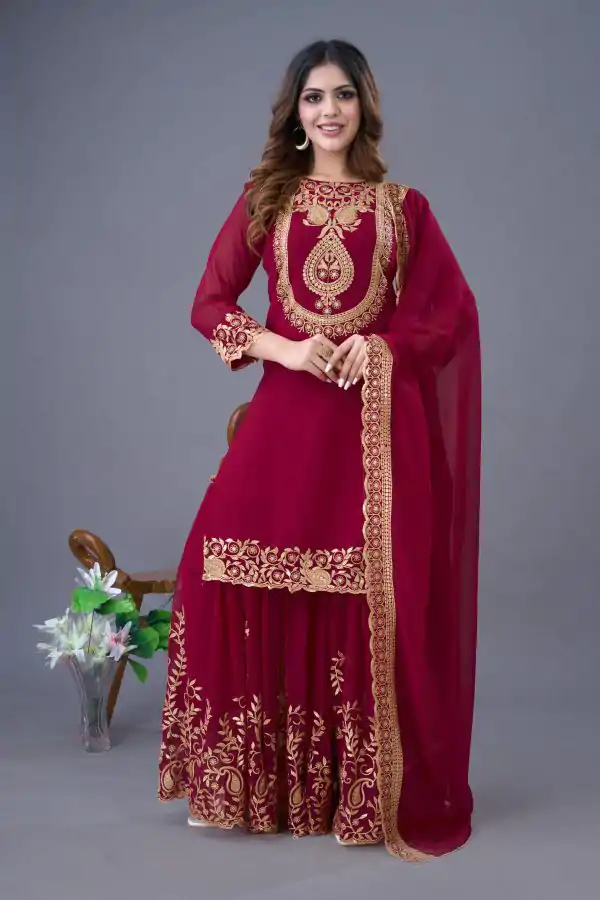 Red Faux Georgette Embroidery Sequence Work Salwar Suit - Image 4