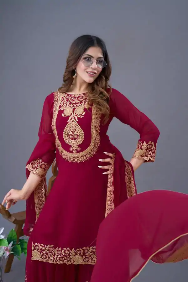 Red Faux Georgette Embroidery Sequence Work Salwar Suit - Image 5
