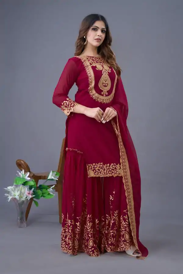 Red Faux Georgette Embroidery Sequence Work Salwar Suit - Image 6