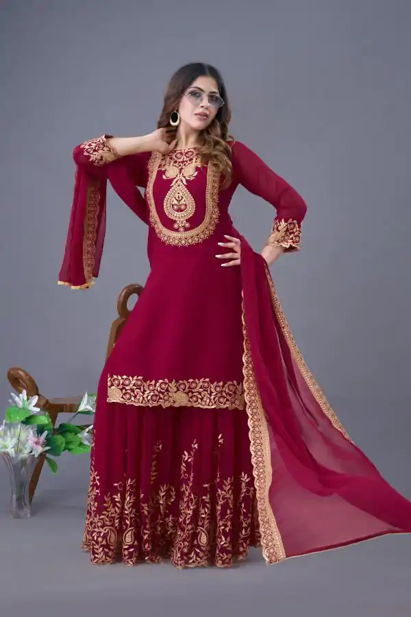 Red Faux Georgette Embroidery Sequence Work Salwar Suit - Image 7