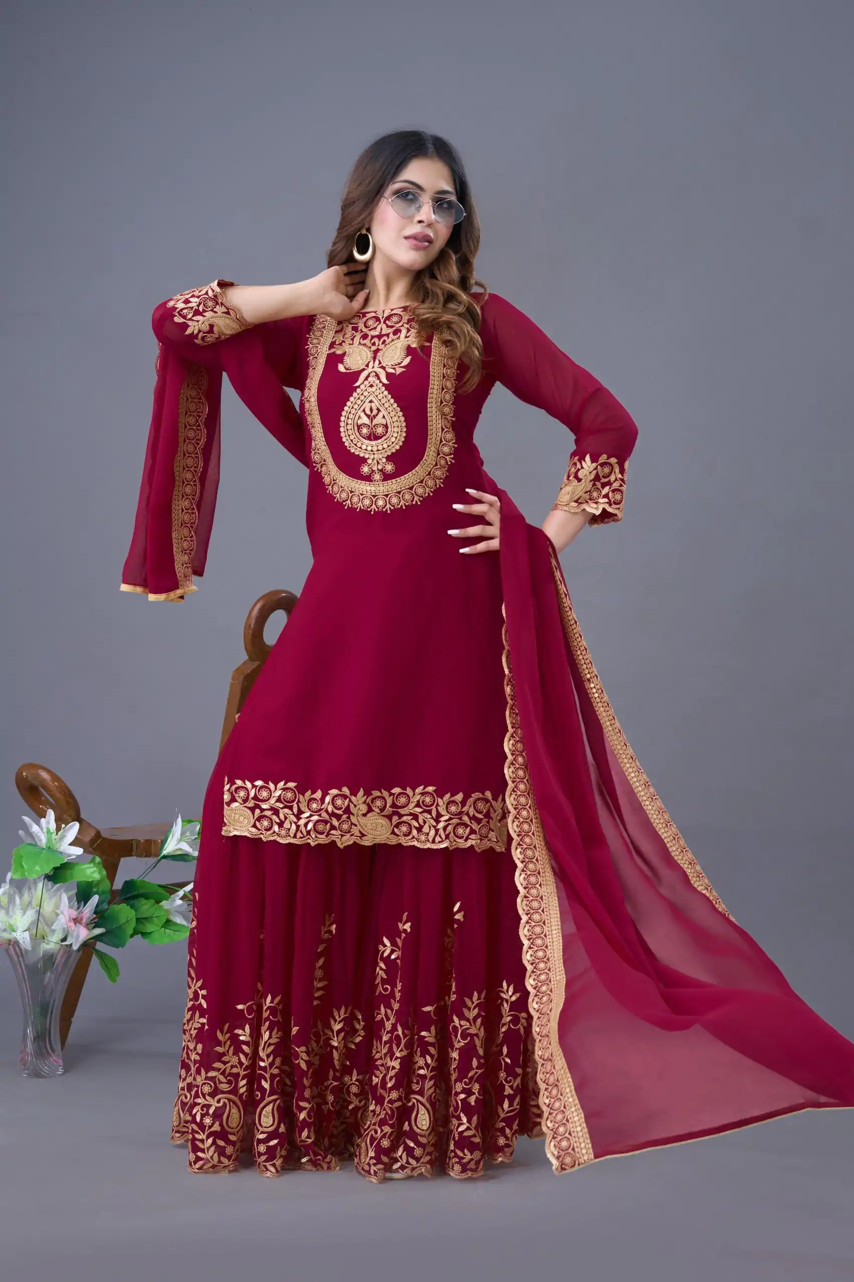 SRK 5242 Red Faux Georgette Embroidery Sequence Work Salwar Suit  Casual, Wedding, Party, Festive, Events Etc.4-6 Working Days@ 2099/-only | Jump Suits, Salwar suit, Casual Suits, Creative suits, Designer Suits, Palazzo Suits, Party Wear Suits, Patiala Suits, Straight Suits