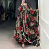 Beautiful Red Color Georgette Floral Printed Paper Mirror Lace Gown
