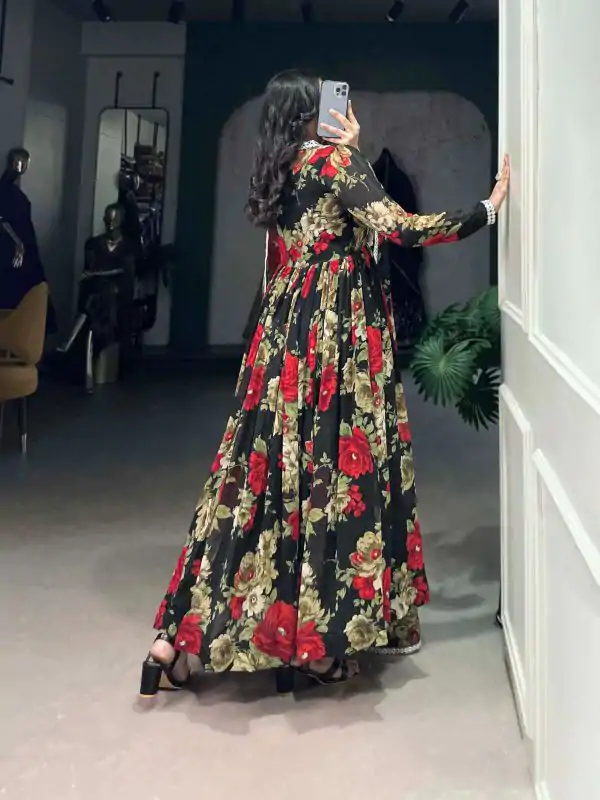 Red Georgette Floral Printed Paper Mirror Lace Gown - Image 2