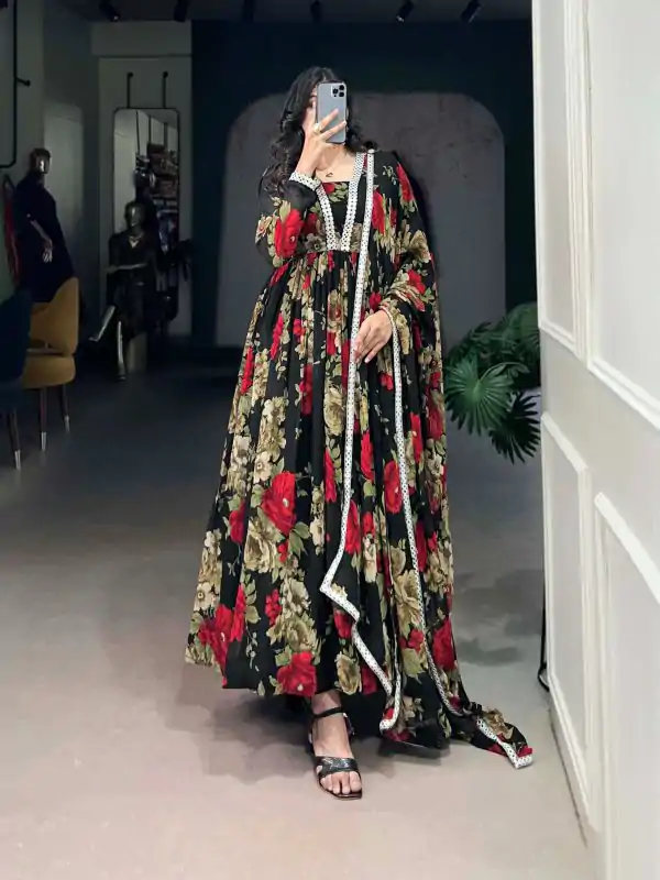 Red Georgette Floral Printed Paper Mirror Lace Gown - Image 4