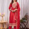 Red Chinon Thread Sequence Work Salwar Suit