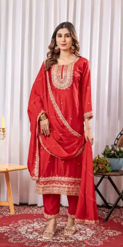 Bright Red Color Chinon Thread Sequence Work Salwar Suitv