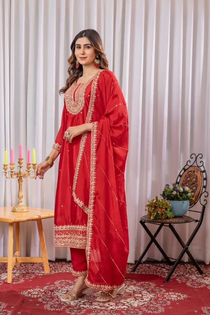 DC G89 Red Color Chinon Thread Sequence Work Salwar Suit Casual, Wedding, Festive, Events . Expected Delivery  4-6 Working Days @1999/- only      | Jump Suits, Salwar suit, Casual Suits, Creative suits, Designer Suits, Palazzo Suits, Party Wear Suits, Patiala Suits, Straight Suits