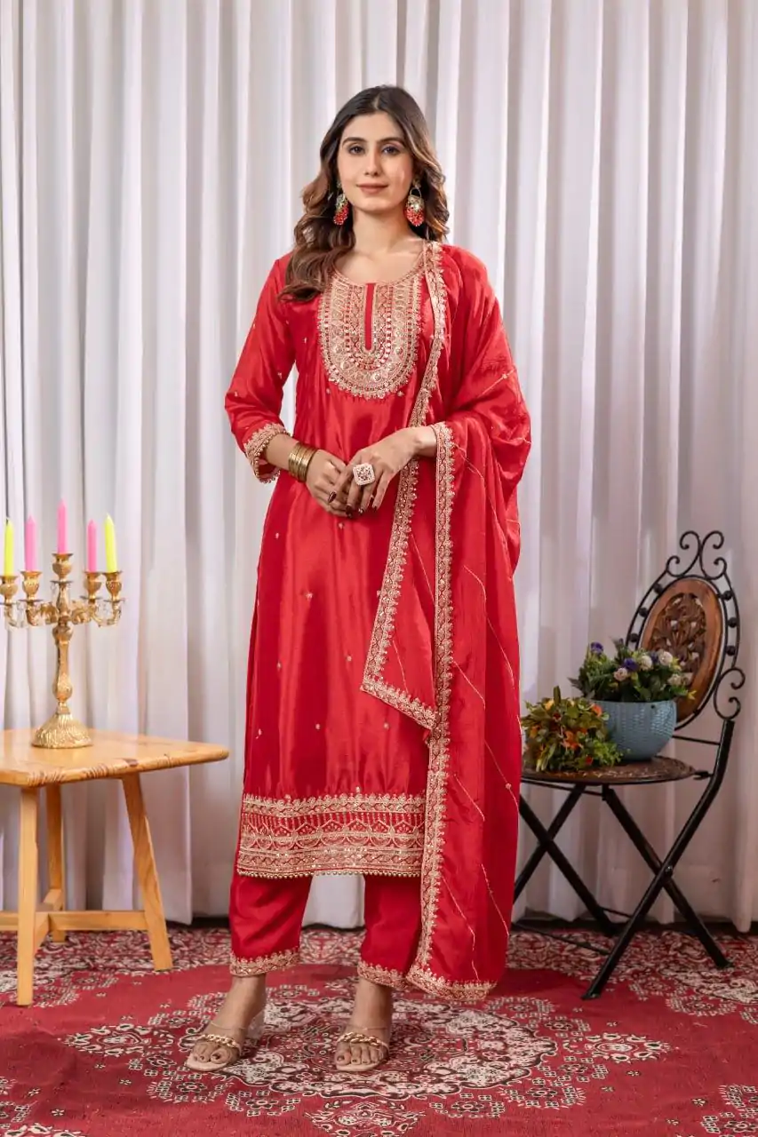DC G89 Red Color Chinon Thread Sequence Work Salwar Suit Casual, Wedding, Festive, Events . Expected Delivery  4-6 Working Days @1999/- only      | Jump Suits, Salwar suit, Casual Suits, Creative suits, Designer Suits, Palazzo Suits, Party Wear Suits, Patiala Suits, Straight Suits