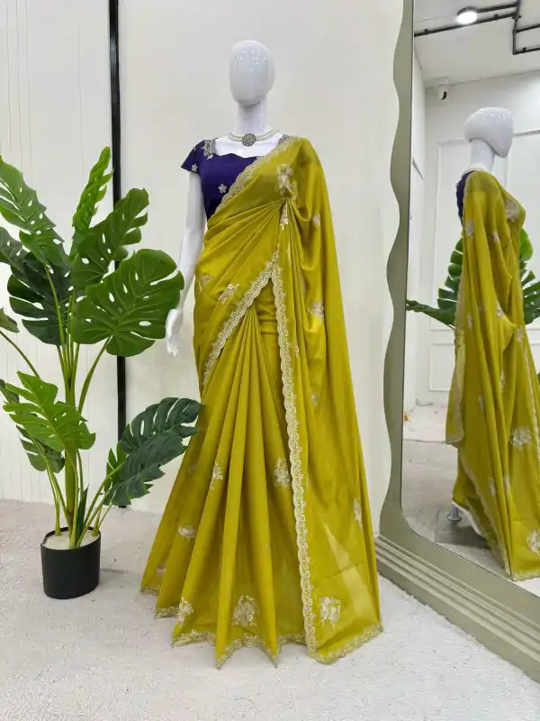 Classic Mustard Yellow Color Tesla Chiffon Work Thread Work Saree