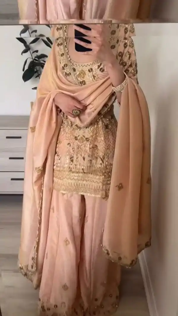 Peach Jalpari Cotton With Embroidery Sequence Salwar Suit - Image 2