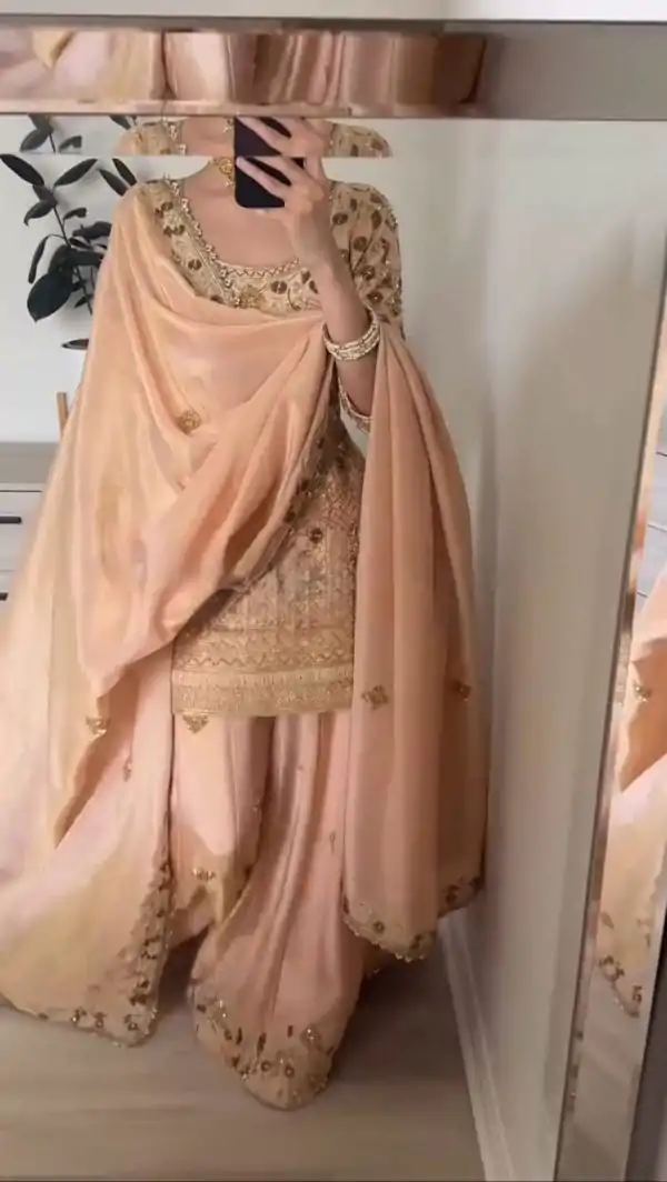 Peach Jalpari Cotton With Embroidery Sequence Salwar Suit - Image 3