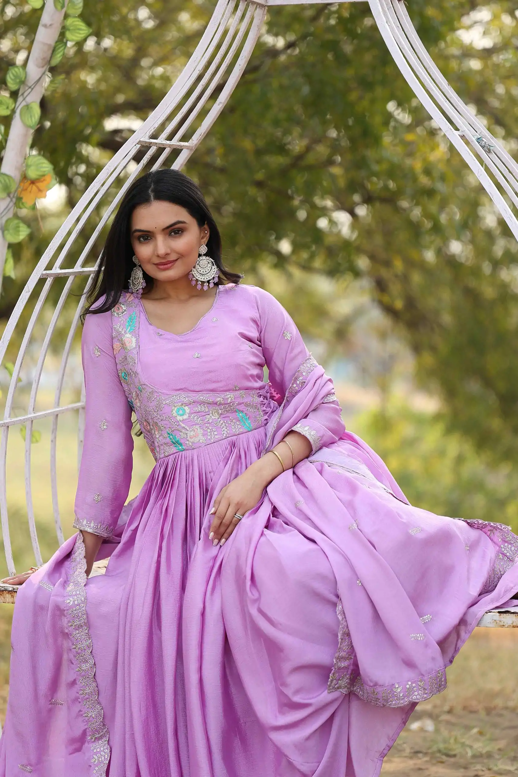 Purple Chinon Sequence With Thread Work Gown - Image 2