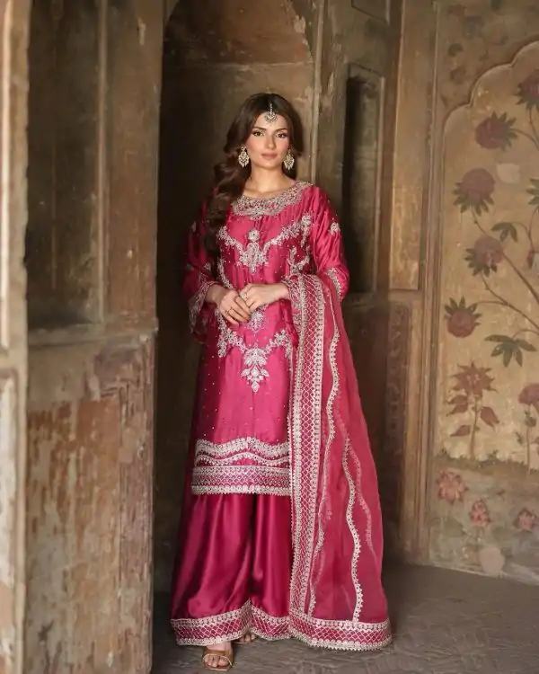 Classic Rani Pink Color Chinnon Silk Sequence Work Salwar Suit