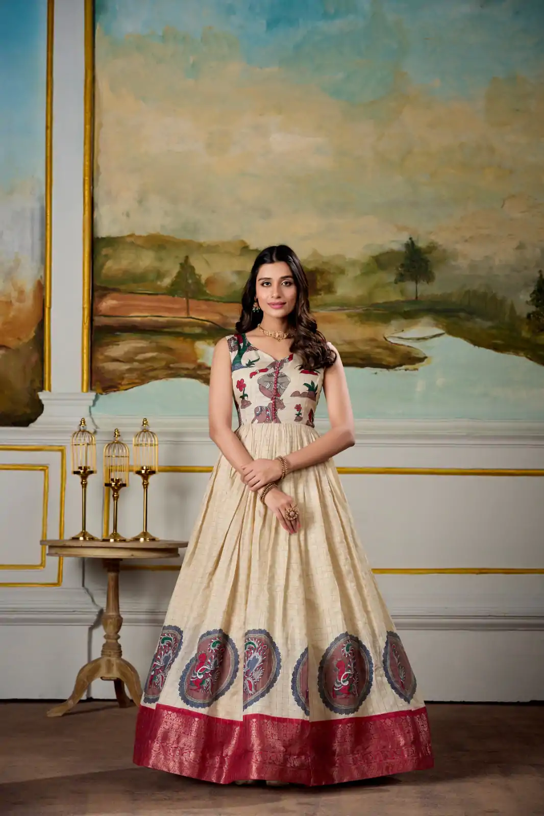 YNF 5310 Red Color Dola Silk Kalamkari Print Zari Weaving Broder Gown Casual, Wedding, Party, Festive, Events Etc.4-6 Working Days@ 1749/-only | Gowns, Bollywood Gowns, Creative Gowns, Designer Gowns, Embroidered Gowns, Party Wear Gowns