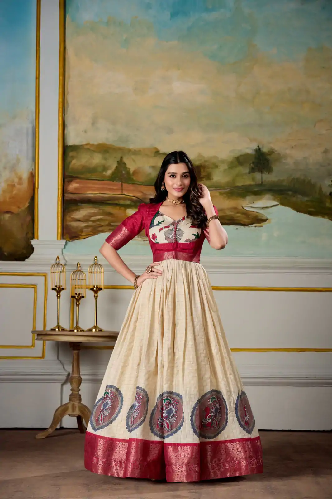 YNF 5310 Red Color Dola Silk Kalamkari Print Zari Weaving Broder Gown Casual, Wedding, Party, Festive, Events Etc.4-6 Working Days@ 1749/-only | Gowns, Bollywood Gowns, Creative Gowns, Designer Gowns, Embroidered Gowns, Party Wear Gowns