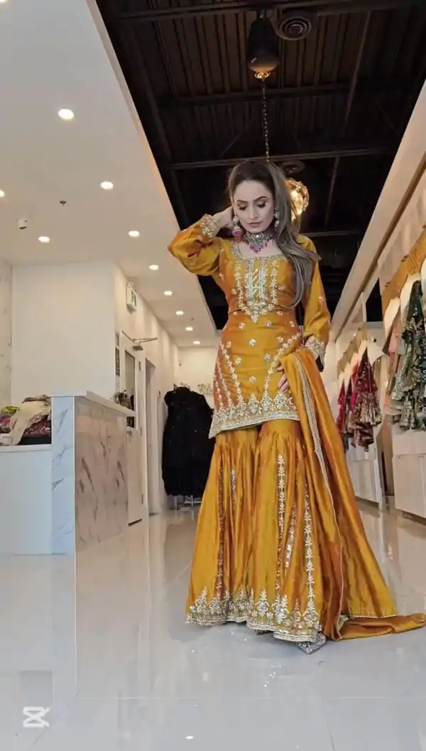 Yellow Foix Georgette Beads With Sequence Salwar Suit - Image 3