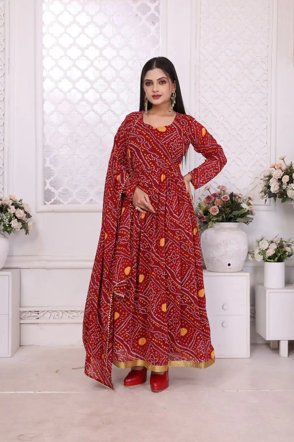 INLI Banno Swag Red Color Georgette Print With Lace Work Gown Casual, Wedding, Festive, Events . Expected Delivery  4-6 Working Days @1699/- only      | Gowns, Bollywood Gowns, Creative Gowns, Designer Gowns, Embroidered Gowns, Party Wear Gowns