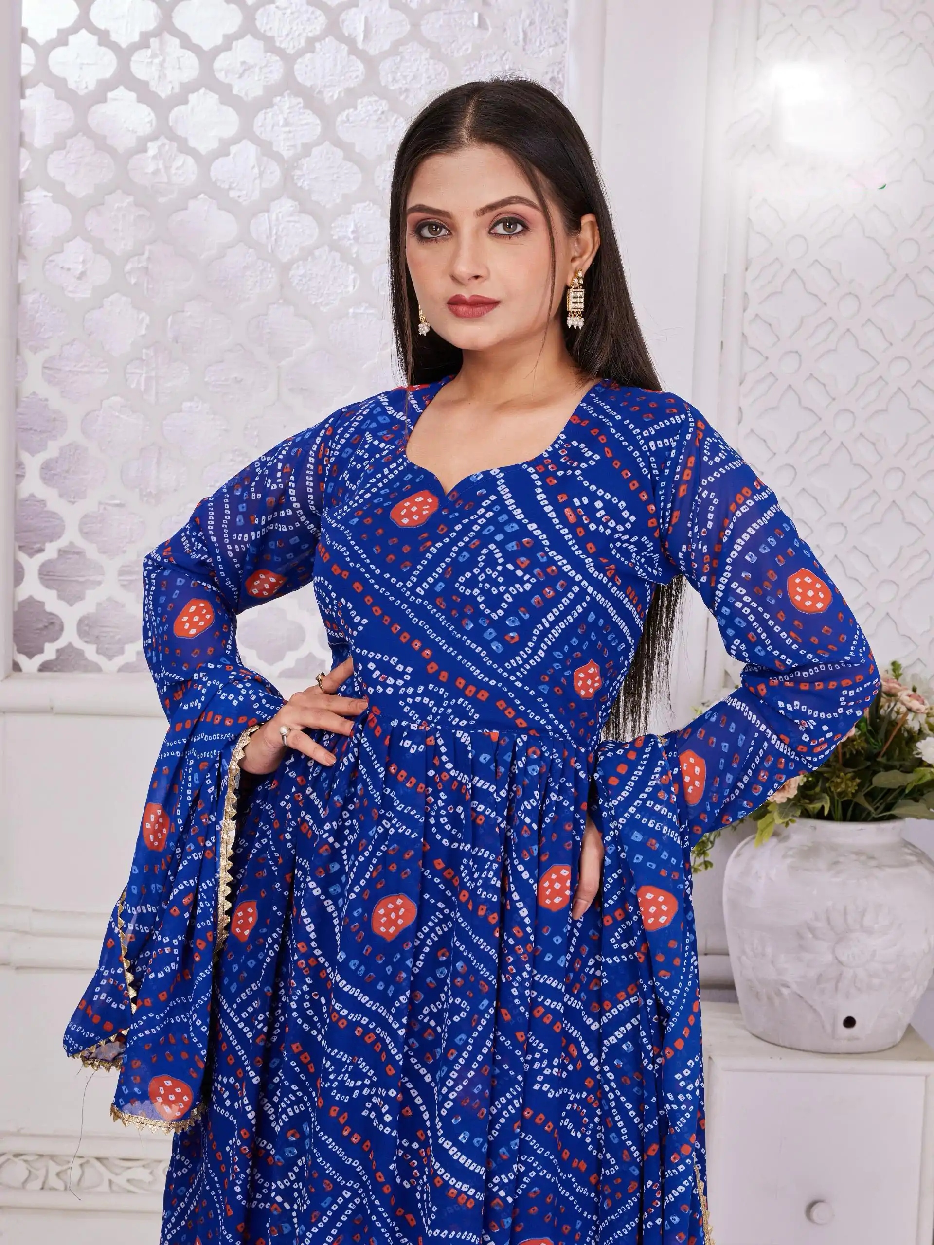 INLI Banno Swag Royal Blue Color Georgette Print With Lace Work Gown Casual, Wedding, Festive, Events . Expected Delivery  4-6 Working Days @1699/- only      | Gowns, Bollywood Gowns, Creative Gowns, Designer Gowns, Embroidered Gowns, Party Wear Gowns
