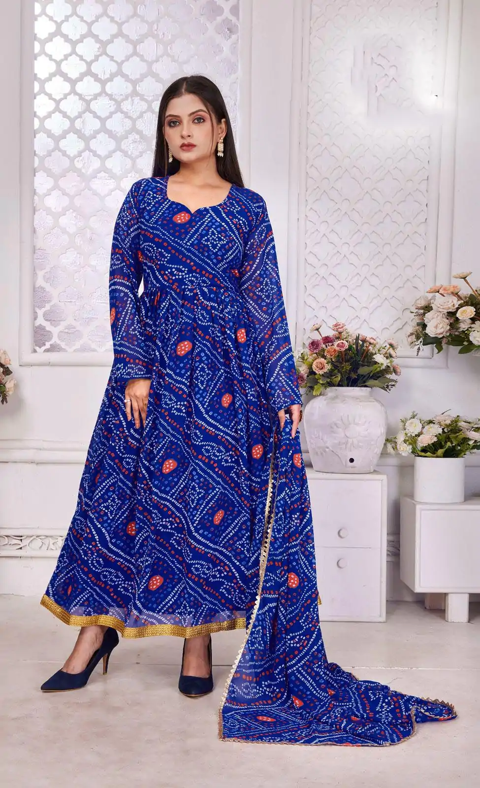 INLI Banno Swag Royal Blue Color Georgette Print With Lace Work Gown Casual, Wedding, Festive, Events . Expected Delivery  4-6 Working Days @1699/- only      | Gowns, Bollywood Gowns, Creative Gowns, Designer Gowns, Embroidered Gowns, Party Wear Gowns