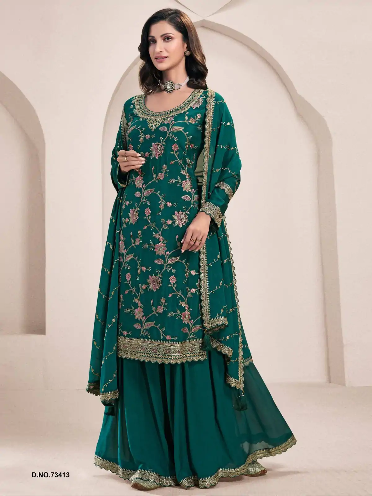 Dazzling Green Color Chinon Multi Work Salwar Suit