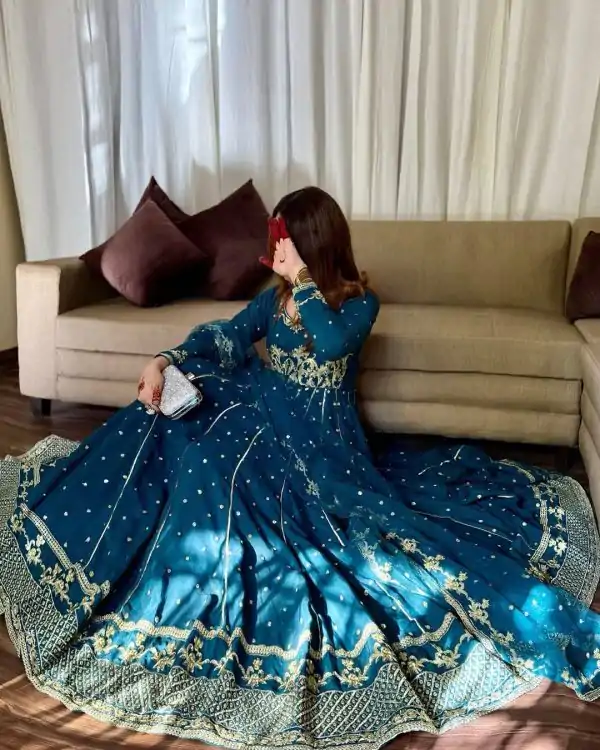 Rama Blue Star Georgette Embroidery Work Gown - Image 3