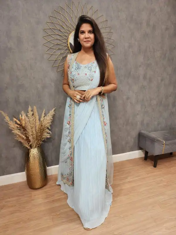 Fancy Light Blue Color Georgette With Embroidery Lehenga Choli