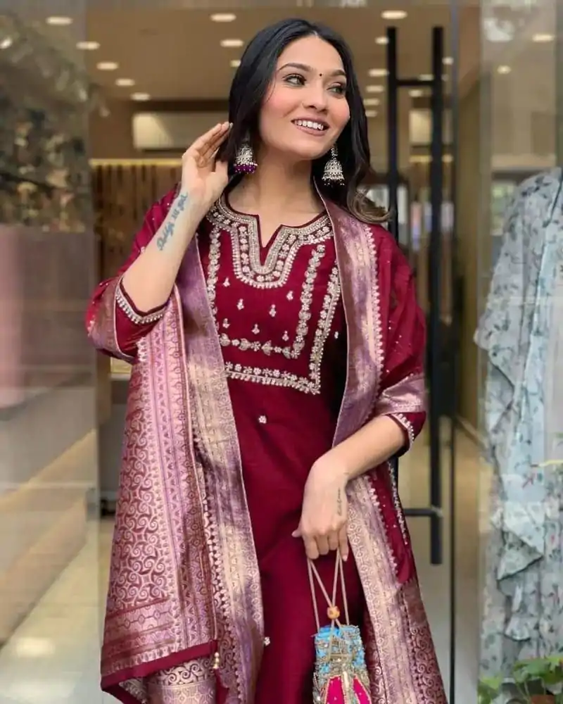 MF 749 Maroon Color Roman Silk Coding Work Salwar Suit Casual, Wedding, Party, Festive, Events Etc.4-6 Working Days@ 1699/-only | Jump Suits, Salwar suit, Casual Suits, Creative suits, Designer Suits, Palazzo Suits, Party Wear Suits, Patiala Suits, Straight Suits