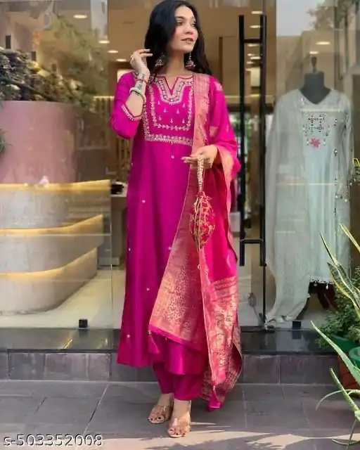 Rani Pink Roman Silk Coding Work Salwar Suit - Image 3