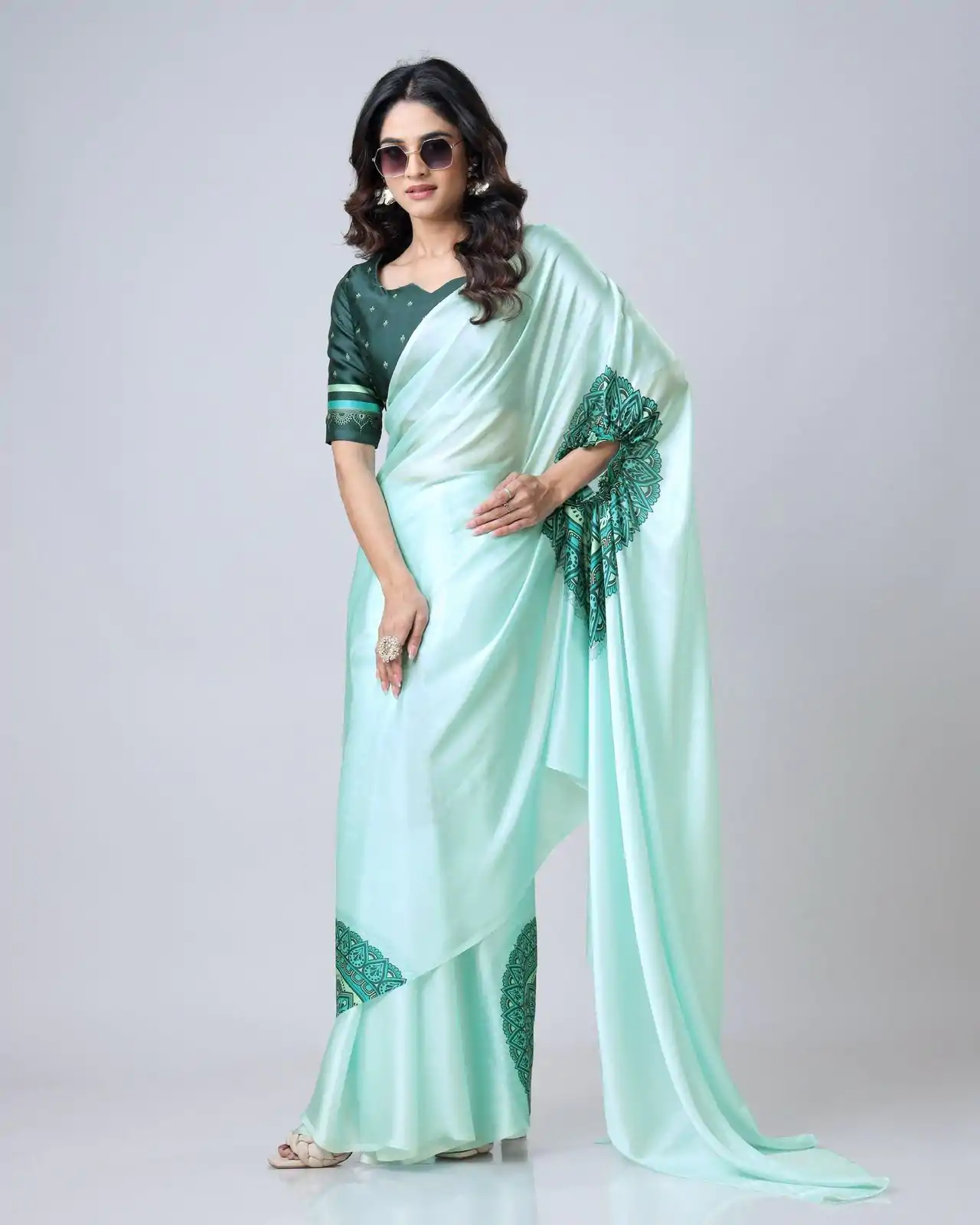 ST 1102B Sea Green Color Japan Satin Digital Print Work Saree Casual, Wedding, Festive, Events . Expected Delivery  4-6 Working Days @1849/- only      | Sarees, Bollywood Sarees, Creative Sarees, Designer Sarees, Embroidered Sarees, Ethnic Saree, Modern Digital sarees, Party Wear Sarees