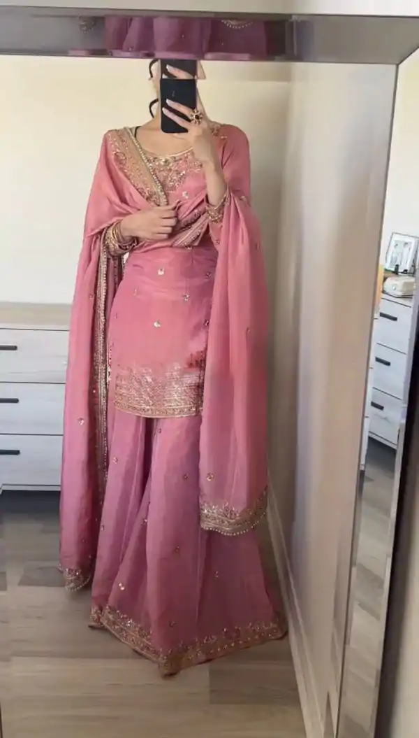 Peach Chinon Silk Sequence Work Salwar Suit - Image 2
