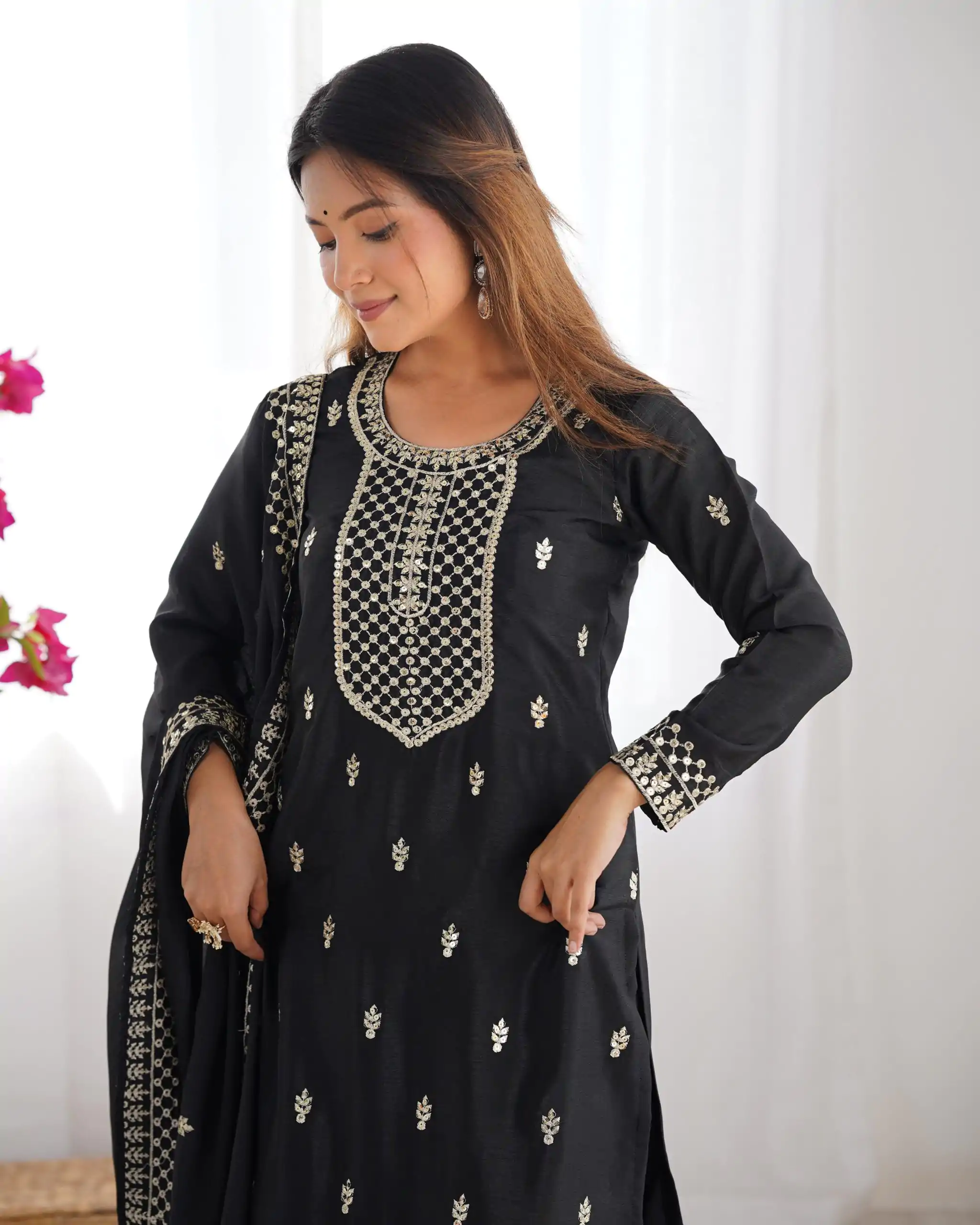 KB 282 Black Color Chinon Silk Embroidery With Jari Work Salwar Suit Casual, Wedding, Festive, Events . Expected Delivery  4-6 Working Days @1949/- only      | Jump Suits, Salwar suit, Casual Suits, Creative suits, Designer Suits, Palazzo Suits, Party Wear Suits, Patiala Suits, Straight Suits