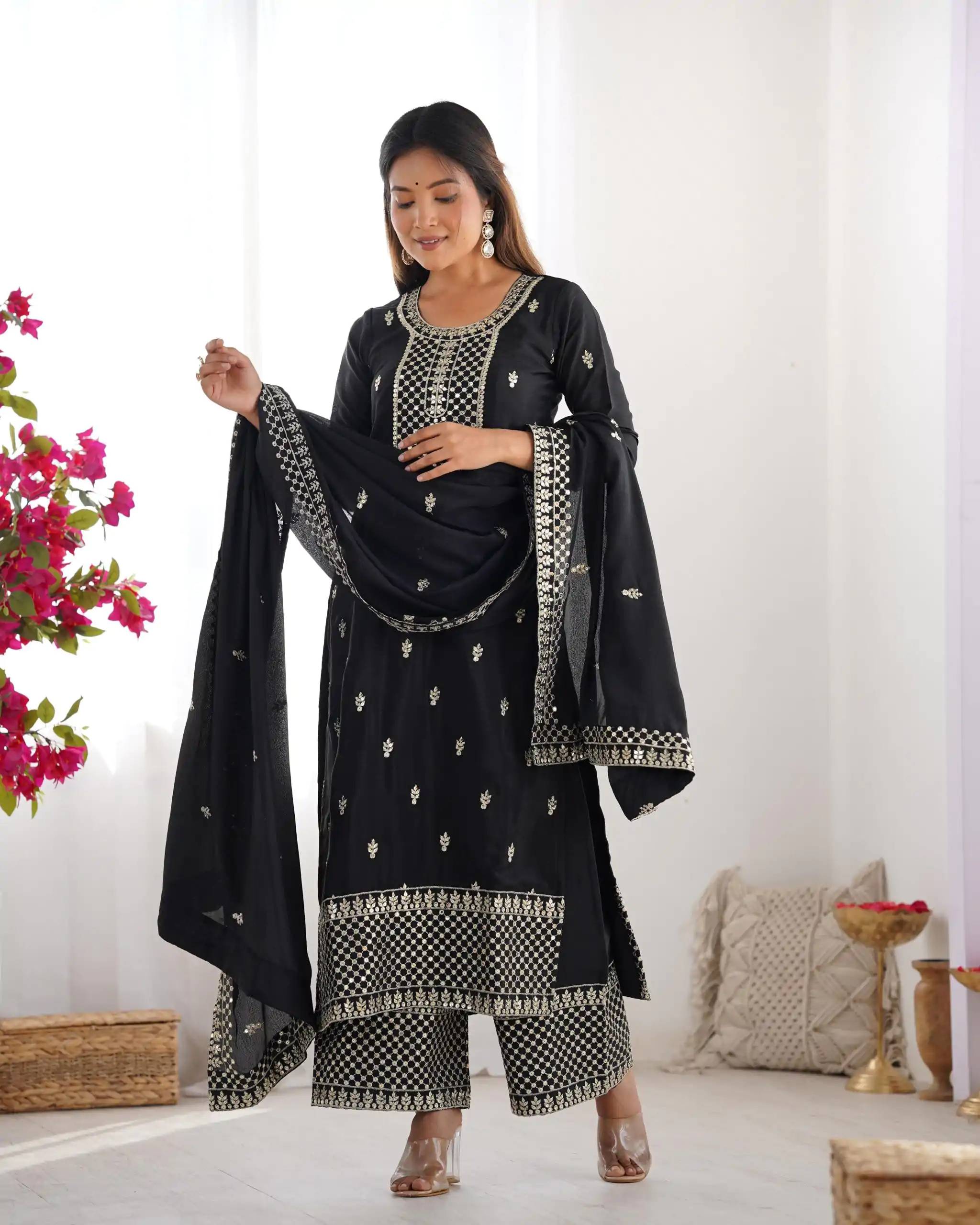 KB 282 Black Color Chinon Silk Embroidery With Jari Work Salwar Suit Casual, Wedding, Festive, Events . Expected Delivery  4-6 Working Days @1949/- only      | Jump Suits, Salwar suit, Casual Suits, Creative suits, Designer Suits, Palazzo Suits, Party Wear Suits, Patiala Suits, Straight Suits