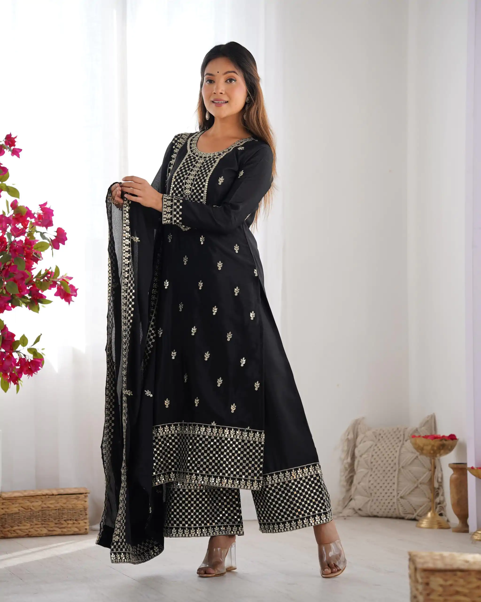 KB 282 Black Color Chinon Silk Embroidery With Jari Work Salwar Suit Casual, Wedding, Festive, Events . Expected Delivery  4-6 Working Days @1949/- only      | Jump Suits, Salwar suit, Casual Suits, Creative suits, Designer Suits, Palazzo Suits, Party Wear Suits, Patiala Suits, Straight Suits