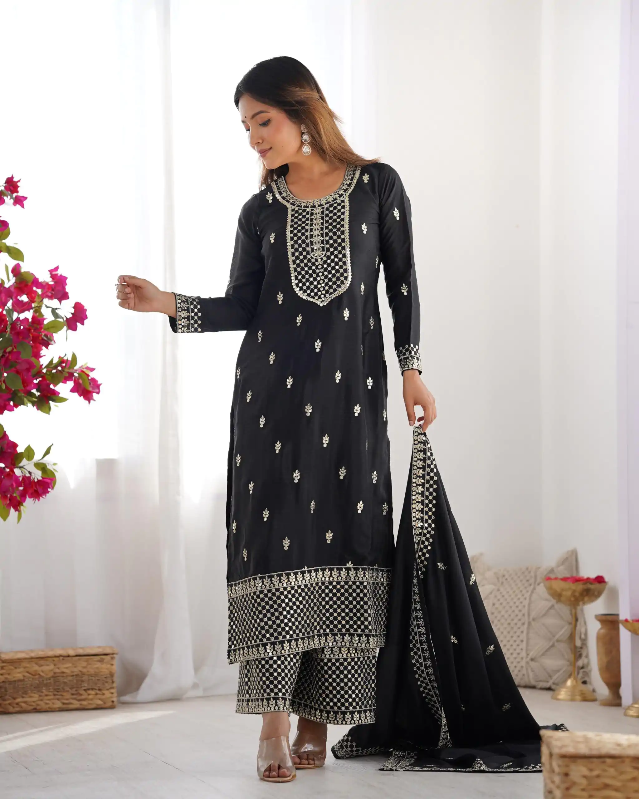 KB 282 Black Color Chinon Silk Embroidery With Jari Work Salwar Suit Casual, Wedding, Festive, Events . Expected Delivery  4-6 Working Days @1949/- only      | Jump Suits, Salwar suit, Casual Suits, Creative suits, Designer Suits, Palazzo Suits, Party Wear Suits, Patiala Suits, Straight Suits