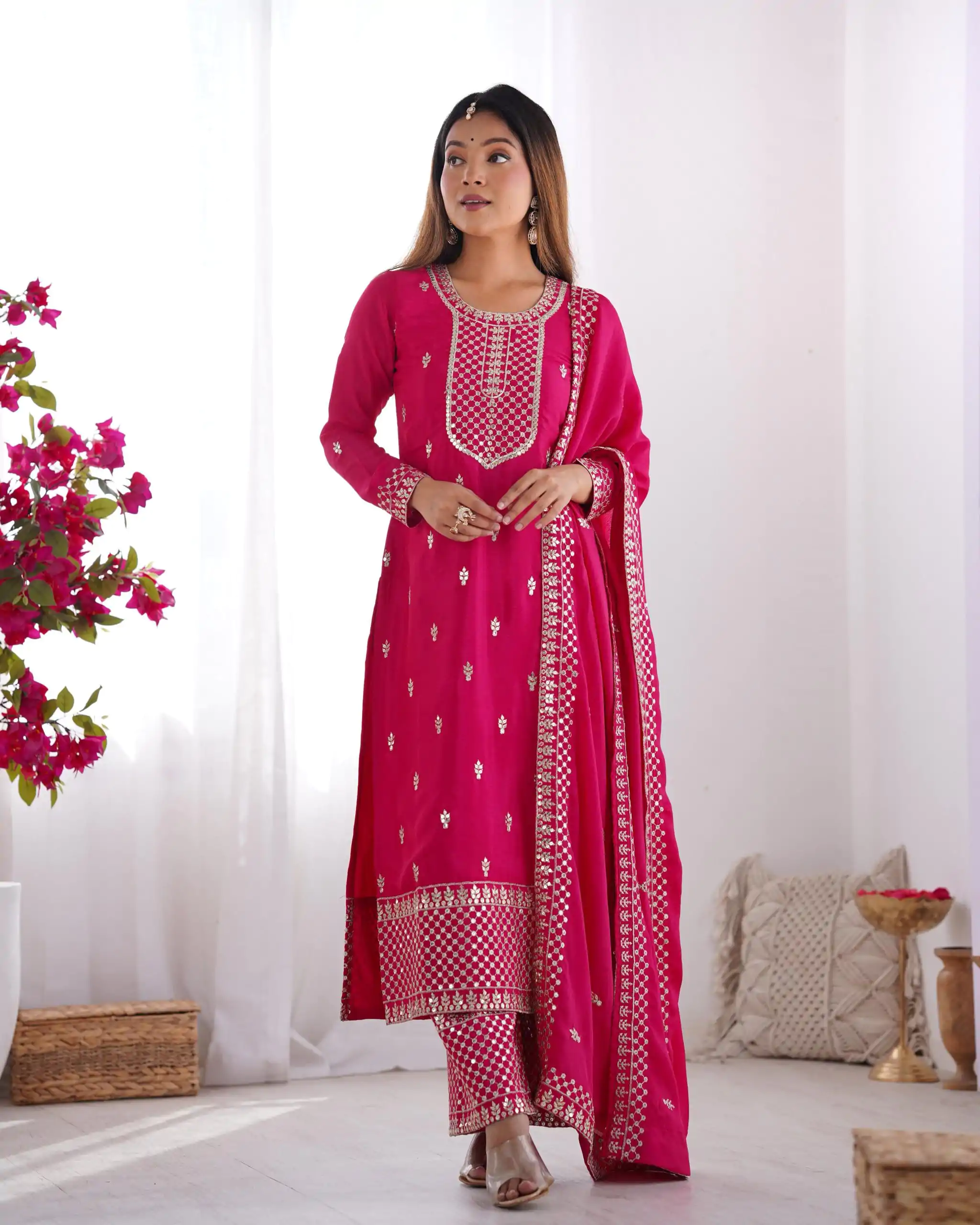 KB 282 Pink Color Chinon Silk Embroidery Jari Work Salwar Suit Casual, Wedding, Festive, Events . Expected Delivery  4-6 Working Days @1949/- only      | Jump Suits, Salwar suit, Casual Suits, Creative suits, Designer Suits, Palazzo Suits, Party Wear Suits, Patiala Suits, Straight Suits