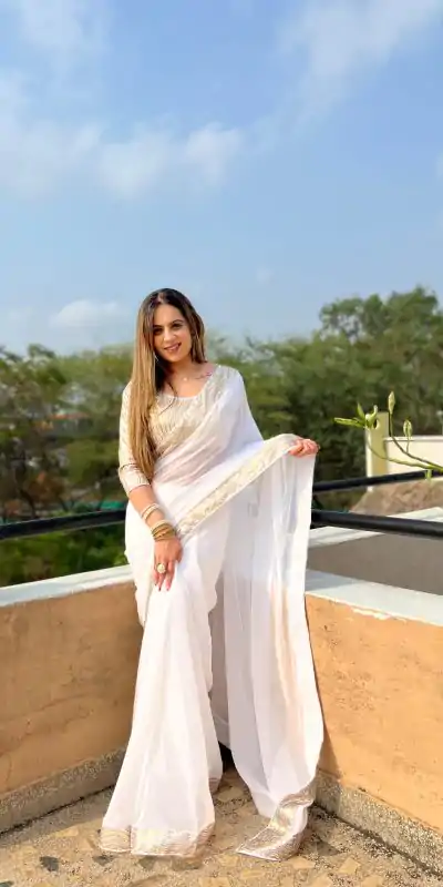 Lovely White Color Georgette Sequence Work Lace Saree
