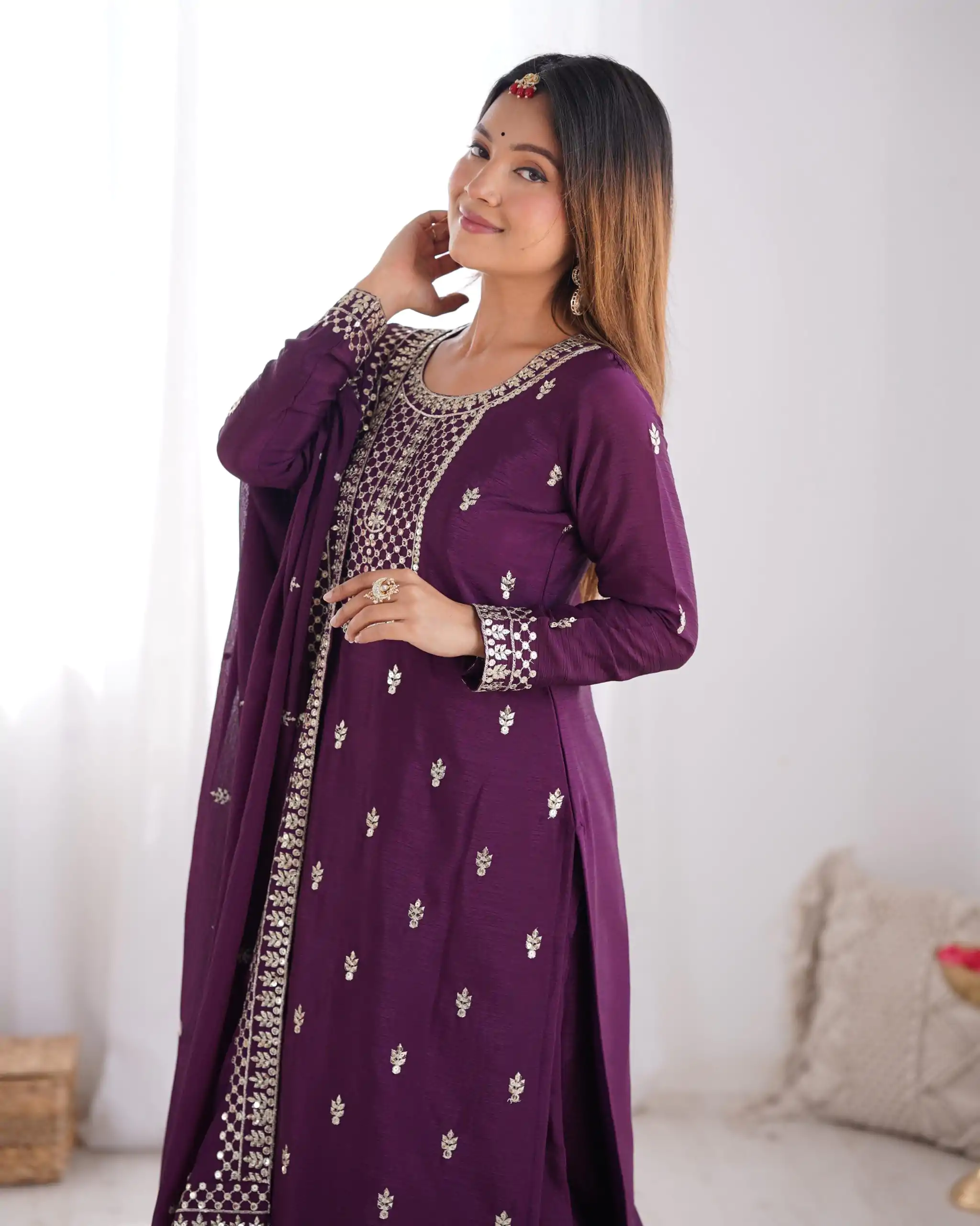 KB 282 Wine Color Chinon Silk Embroidery With Jari Work Salwar Suit Casual, Wedding, Festive, Events . Expected Delivery  4-6 Working Days @1949/- only      | Jump Suits, Salwar suit, Casual Suits, Creative suits, Designer Suits, Palazzo Suits, Party Wear Suits, Patiala Suits, Straight Suits