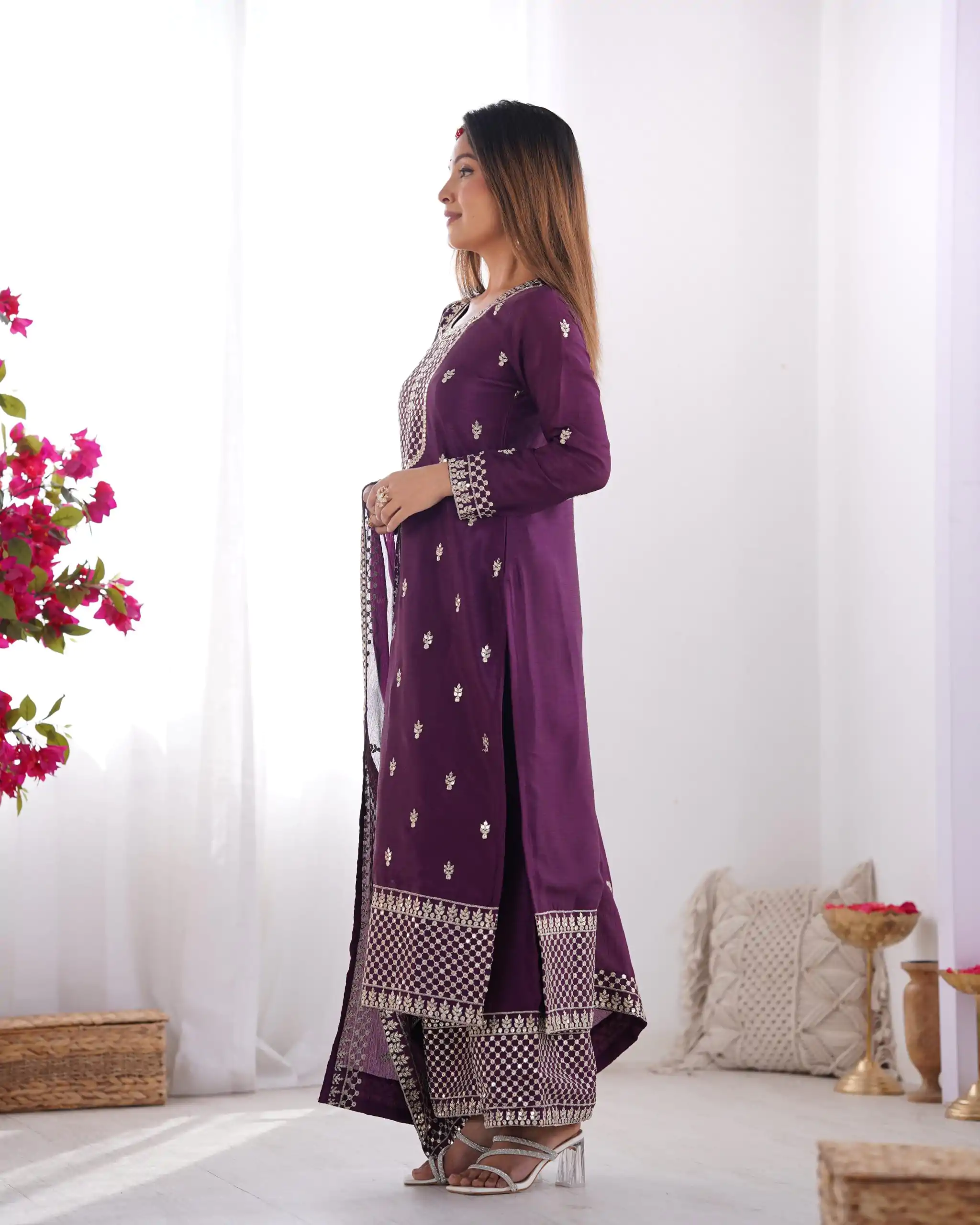 KB 282 Wine Color Chinon Silk Embroidery With Jari Work Salwar Suit Casual, Wedding, Festive, Events . Expected Delivery  4-6 Working Days @1949/- only      | Jump Suits, Salwar suit, Casual Suits, Creative suits, Designer Suits, Palazzo Suits, Party Wear Suits, Patiala Suits, Straight Suits