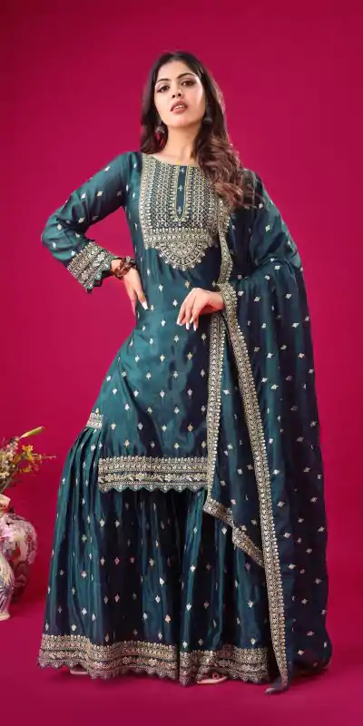 Perfect Peacock Blue Color Chinon Silk Sequence Work Salwar Suit