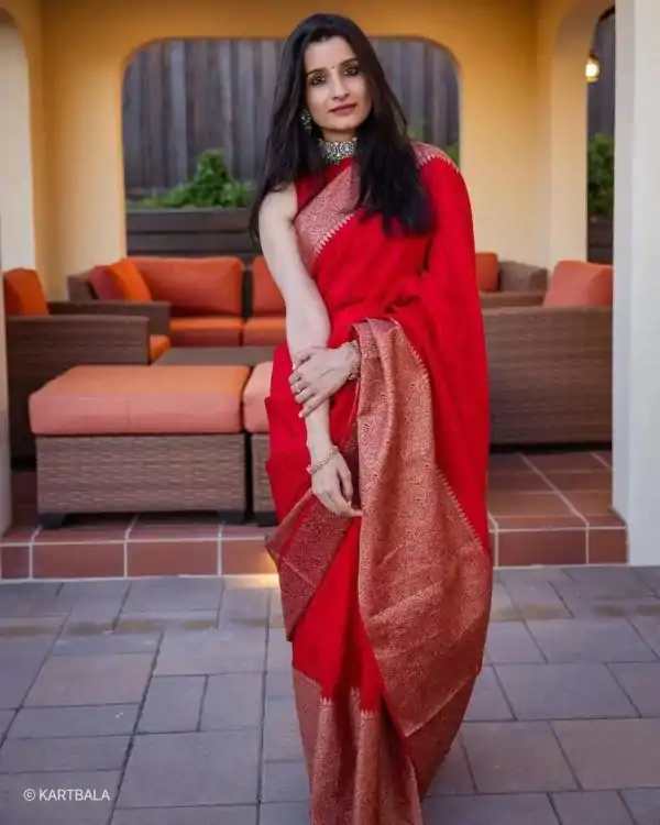 Red Soft Litchi Silk Jacquard Work Saree - Image 2