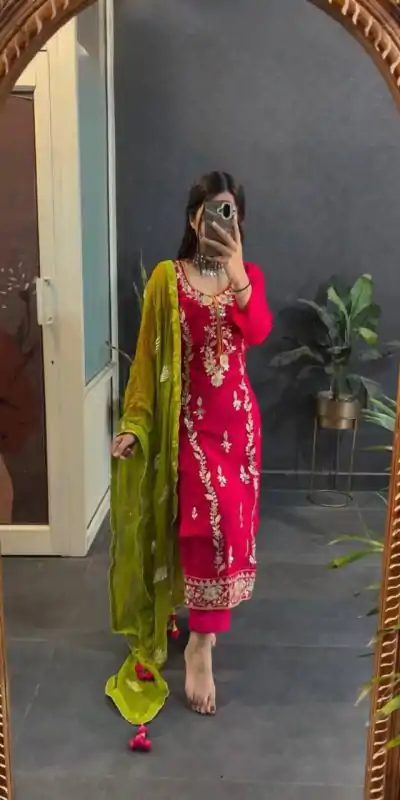 Prefect Red Color Chinon Silk Sequence Work Salwar Suit