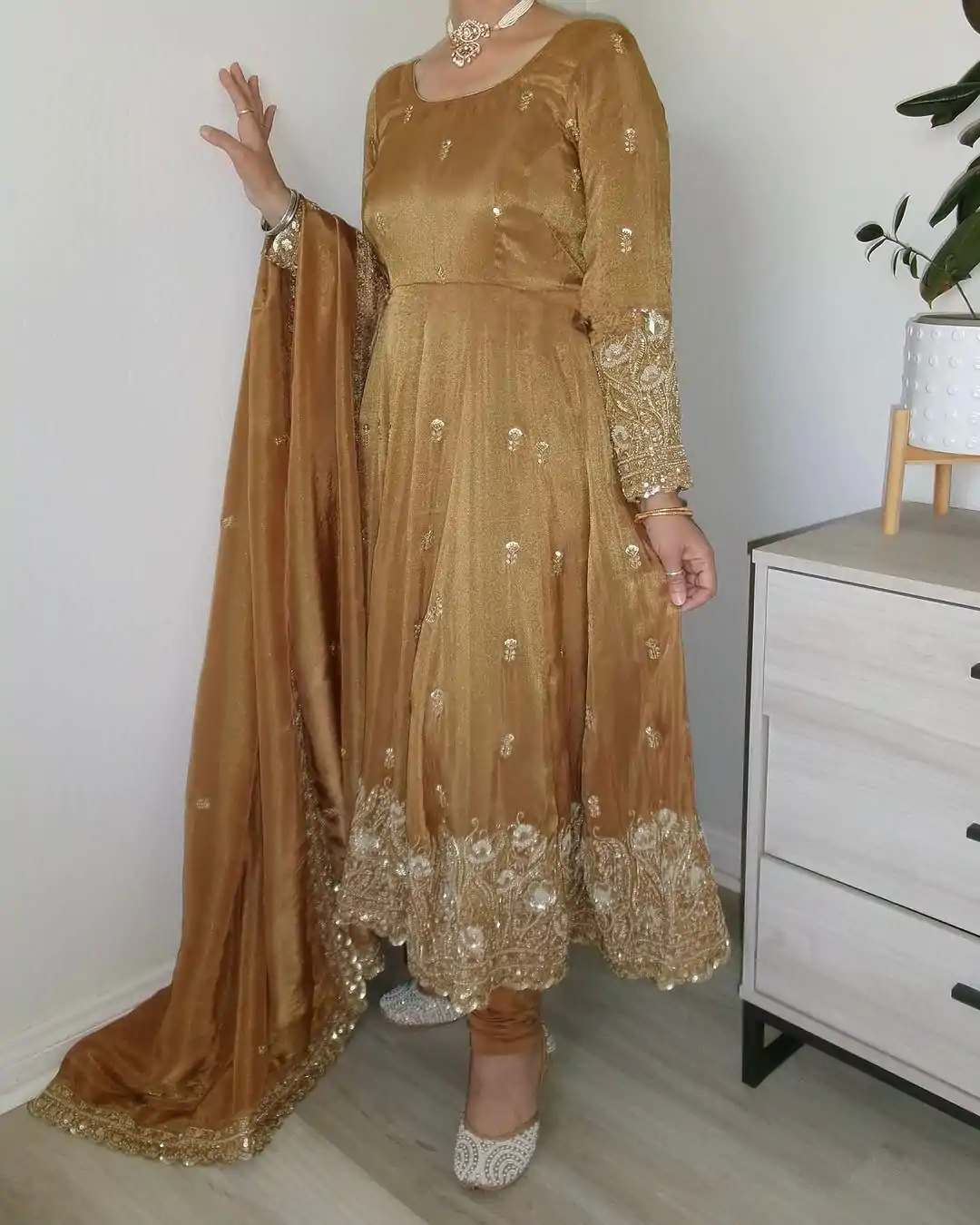 Presenting Gold Color Barbari Silk With Embroidery Work Gown