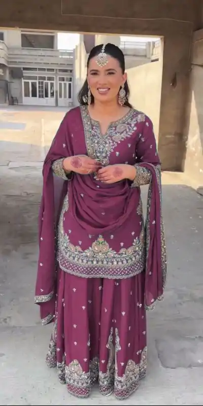 Shine Wine Color Chinon Silk Thread Sequence Work Salwar Suit