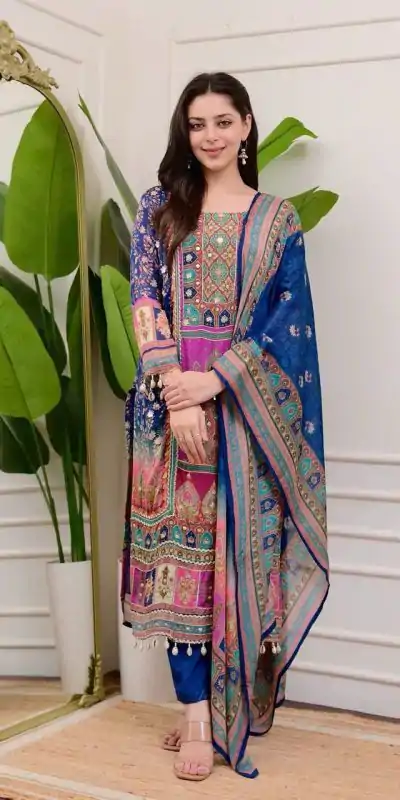 Special Royal Blue Color Chinon Printed Mirror Work Moti Lace Salwar Suit
