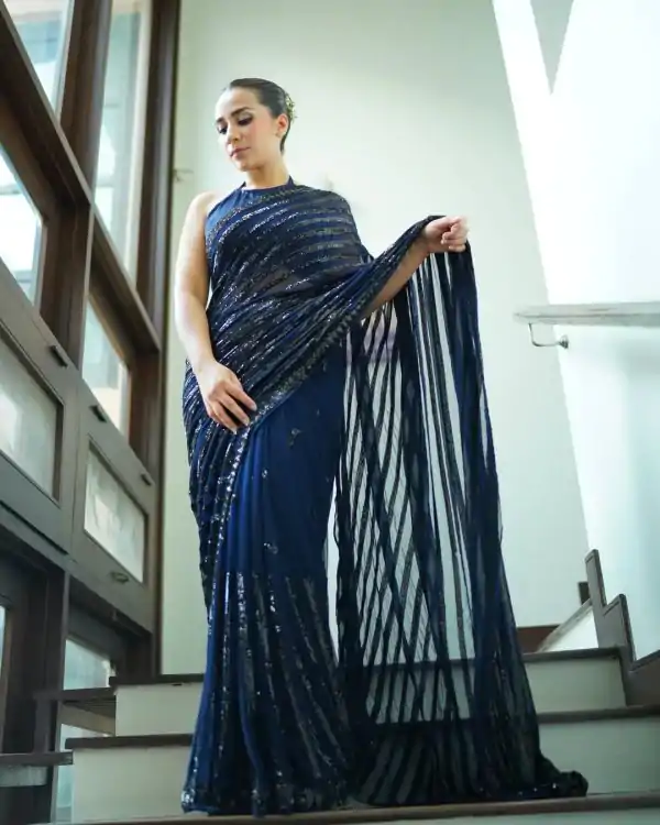 Navy Blue Georgette Sequence Work Saree - Image 2