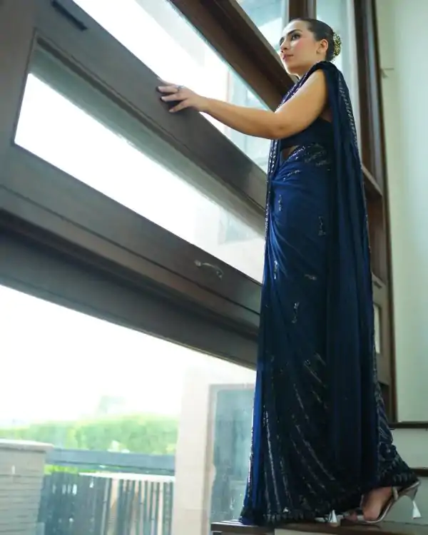 Navy Blue Georgette Sequence Work Saree - Image 3