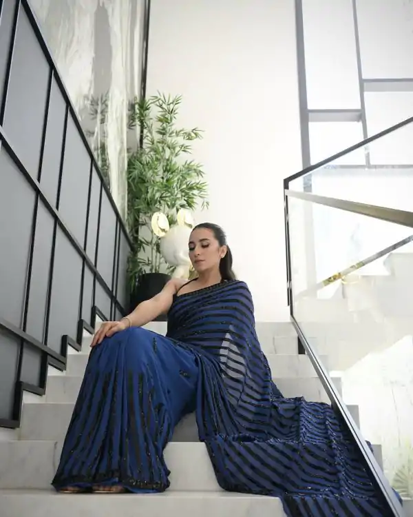 Navy Blue Georgette Sequence Work Saree - Image 5